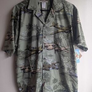 Tropical Aviation Print Short-Sleeve Shirt - Olive Green